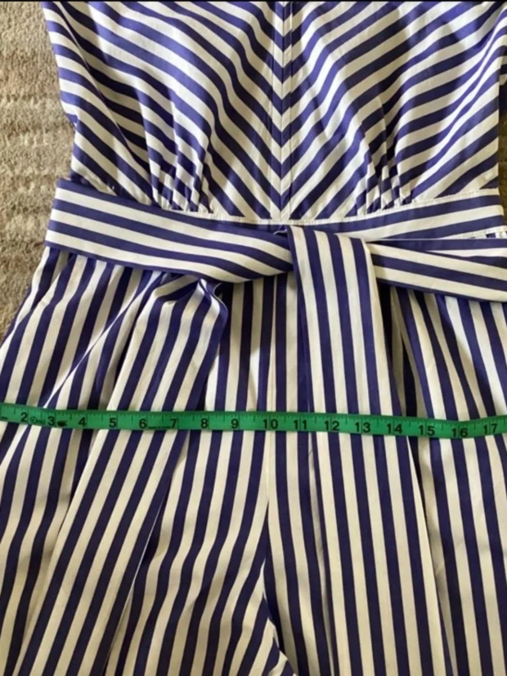 J. Crew Navy and White Striped Sleeveless Jumpsuit with Tie Belt